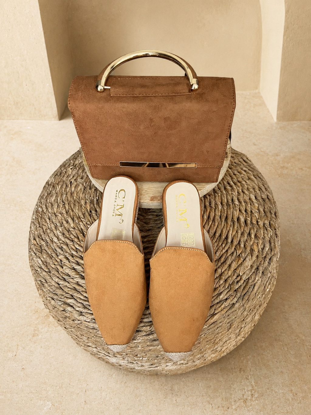 Slippers and clutch bag